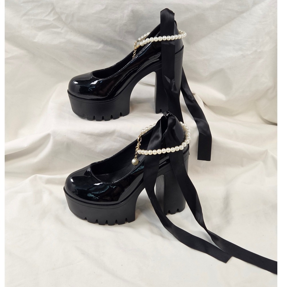 Unbranded Black Patent High Heel Platform Ankle Lace Tie Pearl Accent Women 36